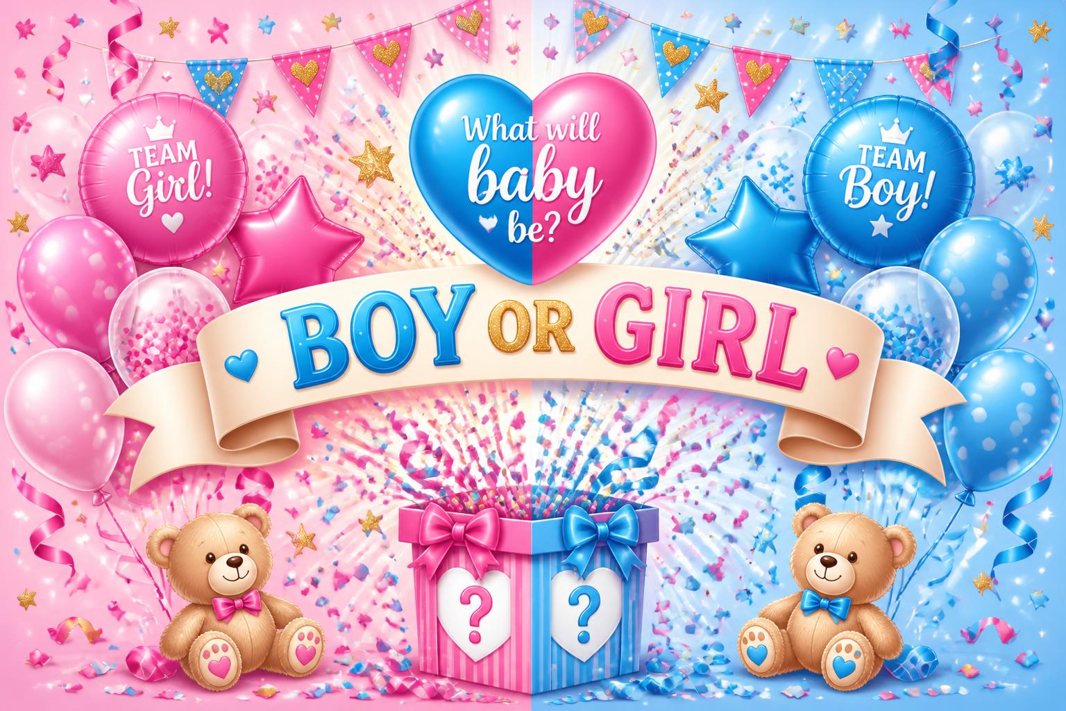 Gender reveal-fest med rosa och blå ballonger, konfetti och banderoll